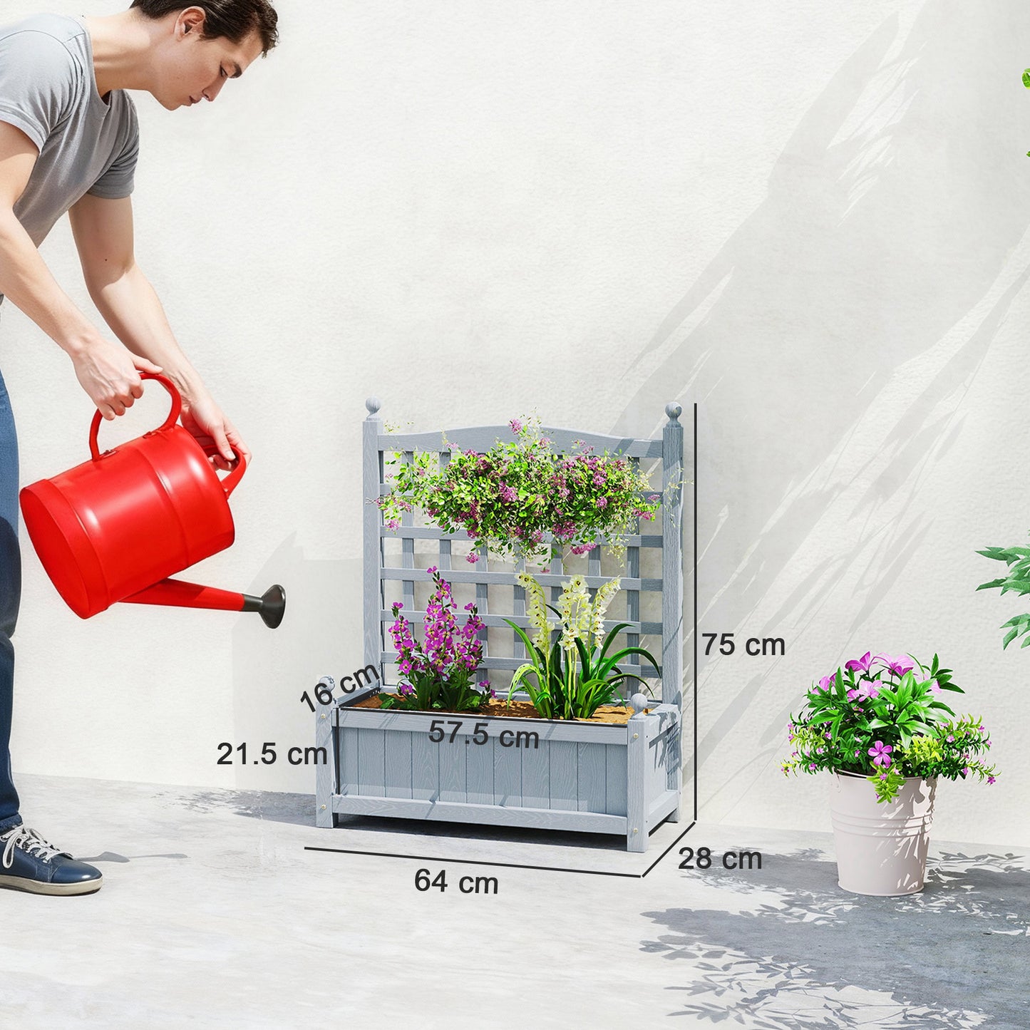 Fir Wood Planter with Back Trellis | 2-in-1 Design | 50kg Capacity | 2 Drainage Holes | Indoor & Outdoor Use | 64x28x75cm | Grey