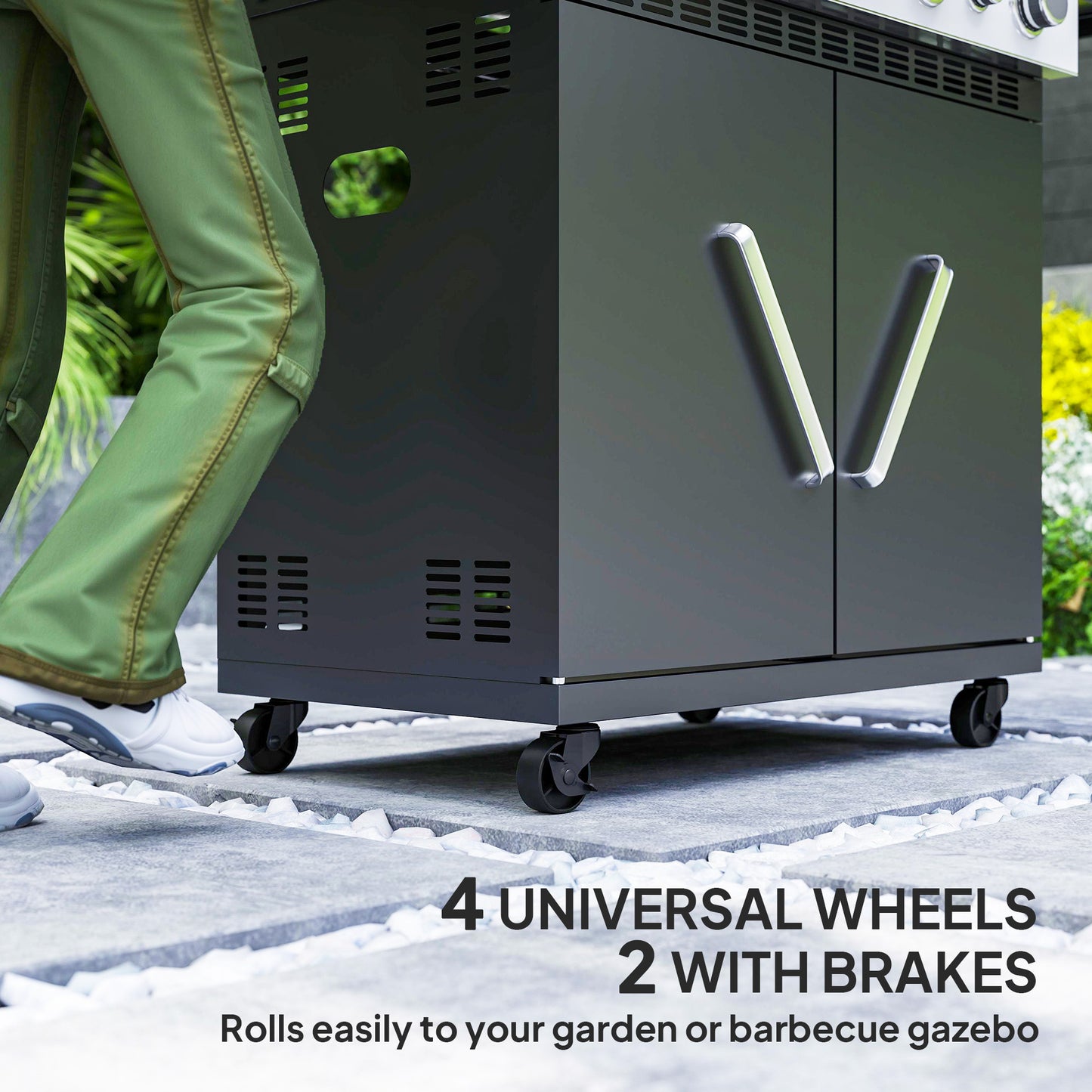 4+1 Burner Gas BBQ Grill with Clear View Lid, Portable Gas Barbecue Grill with Built-in Thermometer, Side Table, Cabinet, for Garden Party Outdoor Cooking