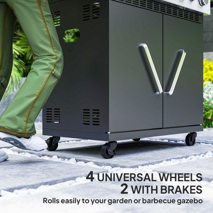 4+1 Burner Gas BBQ Grill with Clear View Lid, Portable Gas Barbecue Grill with Built-in Thermometer, Side Table, Cabinet, for Garden Party Outdoor Cooking