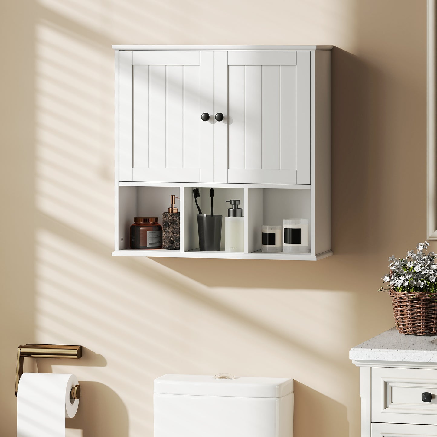 Farmhouse Bathroom Wall Cabinet, Wall Mounted Medicine Cabinet with Adjustable Shelf, Open Compartments, White