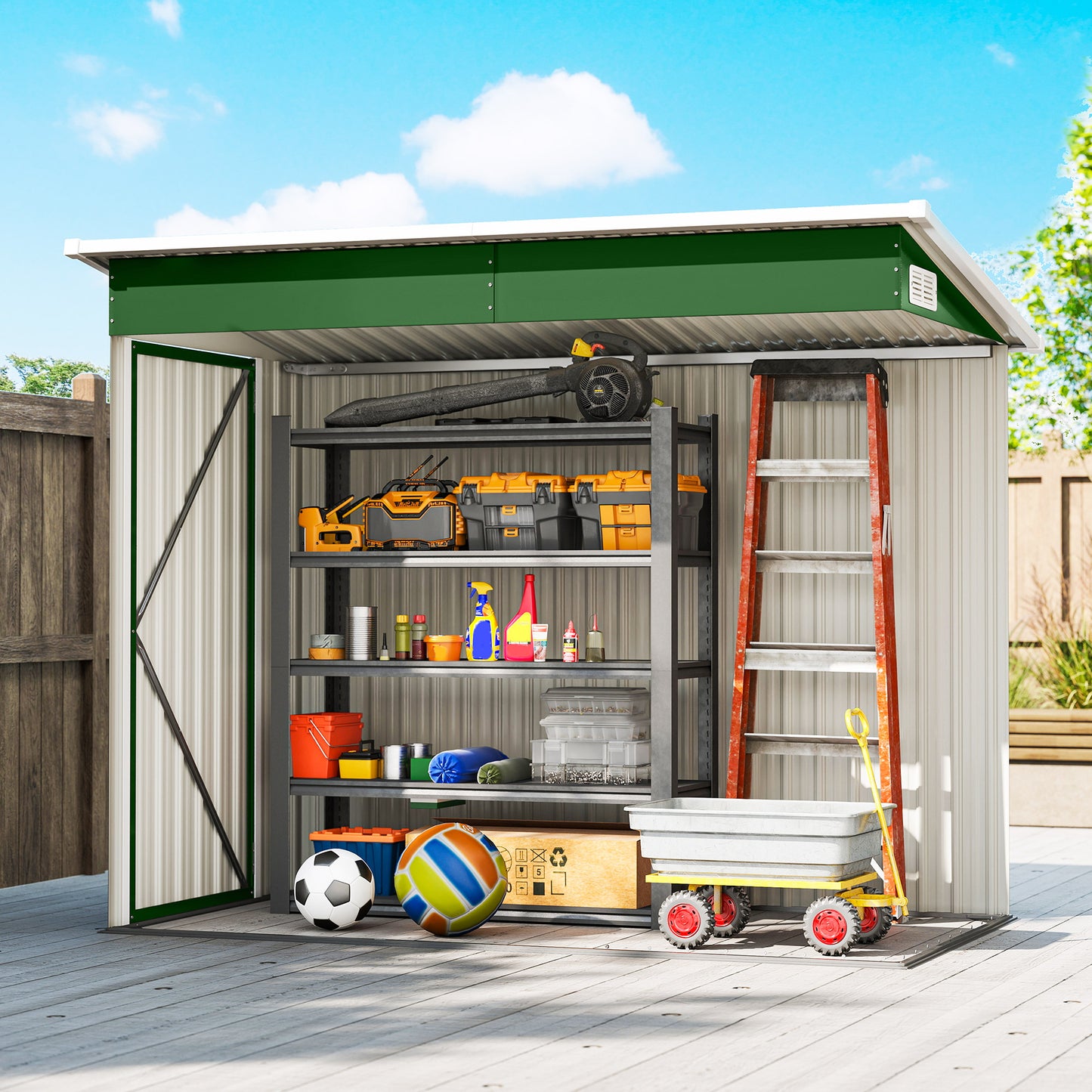Galvanised Steel Garden Storage Shed | Triple Lockable Access | Double Front Doors & Side Door | Powder-Coated | Ventilation Slots | Sloped Roof | 25kg/m² Snow Load | 234x132x185cm | 2.68m² | Green
