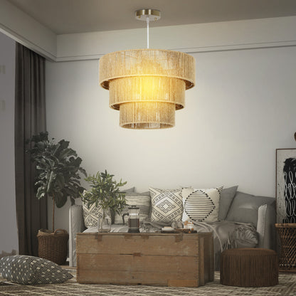 Hemp Rope Pendant Light, 3-Layer Boho Ceiling Light Shade, E14 Vintage Lampshade for Living Room, Bedroom, Kitchen, Hallway, Light Brown