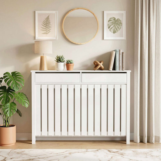 MDF & Particle Board Radiator Cover with 2 Drawers | Vertical Slats | Flat Top Display Surface | Wall Mountable | Pre-Cut Outs | 18kg Capacity | 119x19x93cm | White