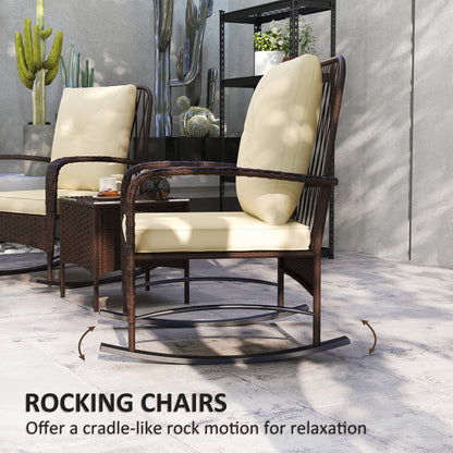 3 Piece Rattan Rocking Chair Bistro Set | 2 High Back Rocking Chairs | Tempered Glass Table | 16cm Back Cushion | 8cm Seat Cushion | 120kg | Brown