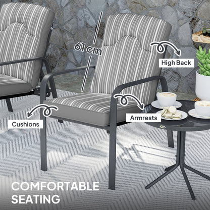 3-Piece Patio Bistro Set, 5-Position Adjustable Recliner Garden Chairs and Tempered Glass Table, Garden Furniture Set with Cushions, Grey