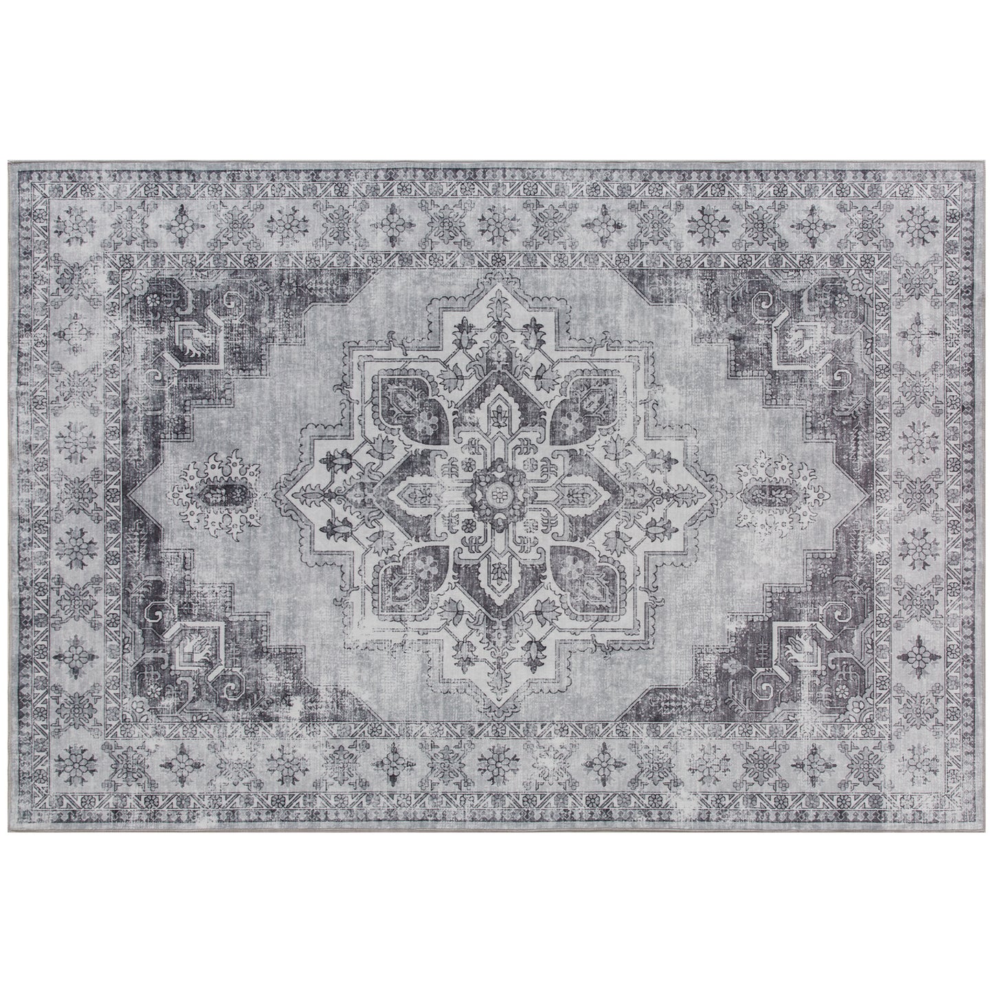 Vintage Floral Area Rug | Machine Washable | Soft Flannel 100% Polyester | TPR Non-Slip Backing | Foldable | 230x160cm | Grey | Living Room Bedroom Dining Room Home Office