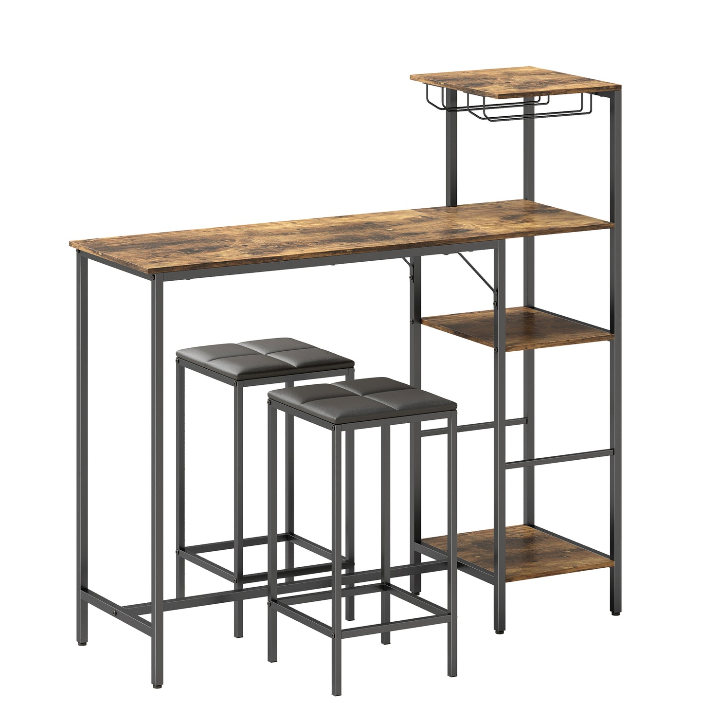 3-Piece Breakfast Bar Table & Stools Set | 4-Tier Shelving | Wine Glass Racks | Faux Leather Stools | Footrests | Rustic Brown