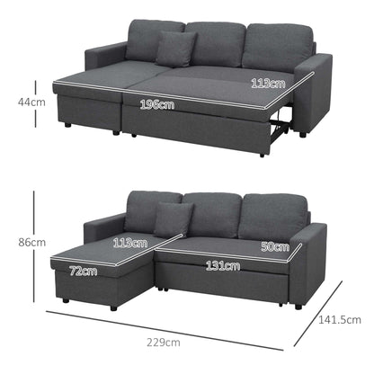 Corner Sofa Bed with Storage, 3 Seater Pull Out Sofa Bed, Convertible L Shape Sofa Couch W/ Reversible Chaise Lounge for Living Room, Dark Grey