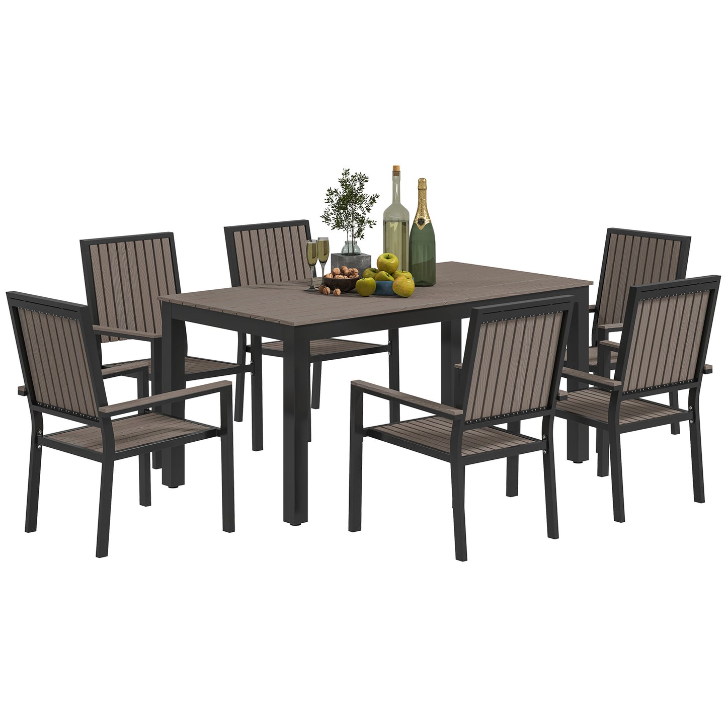 6 Seater Garden Dining Set with Stackable Chairs, Aluminium Frame, Rectangular Plastic Top, Garden Furniture Set, Outdoor Dining Table and Chairs