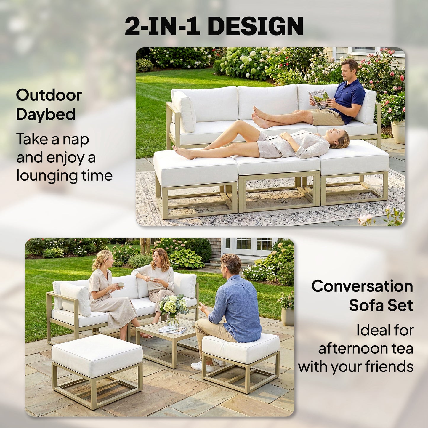 6-Piece 2-in-1 Garden Daybed & Sofa Set | Converts to Sectional Sofa | Aluminium Frame | 10-18cm Cushions | Washable Covers | Footstools Store Under Corners | 160kg Capacity | Cream & Rose Gold