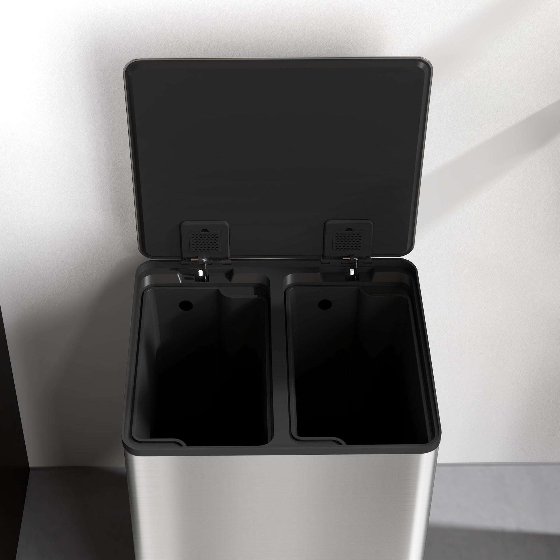 30L Dual Compartment Pedal Bin | Stainless Steel | 2x15L | Removable Buckets | Deodoriser Holders | Stay-Open | No Assembly | Silver