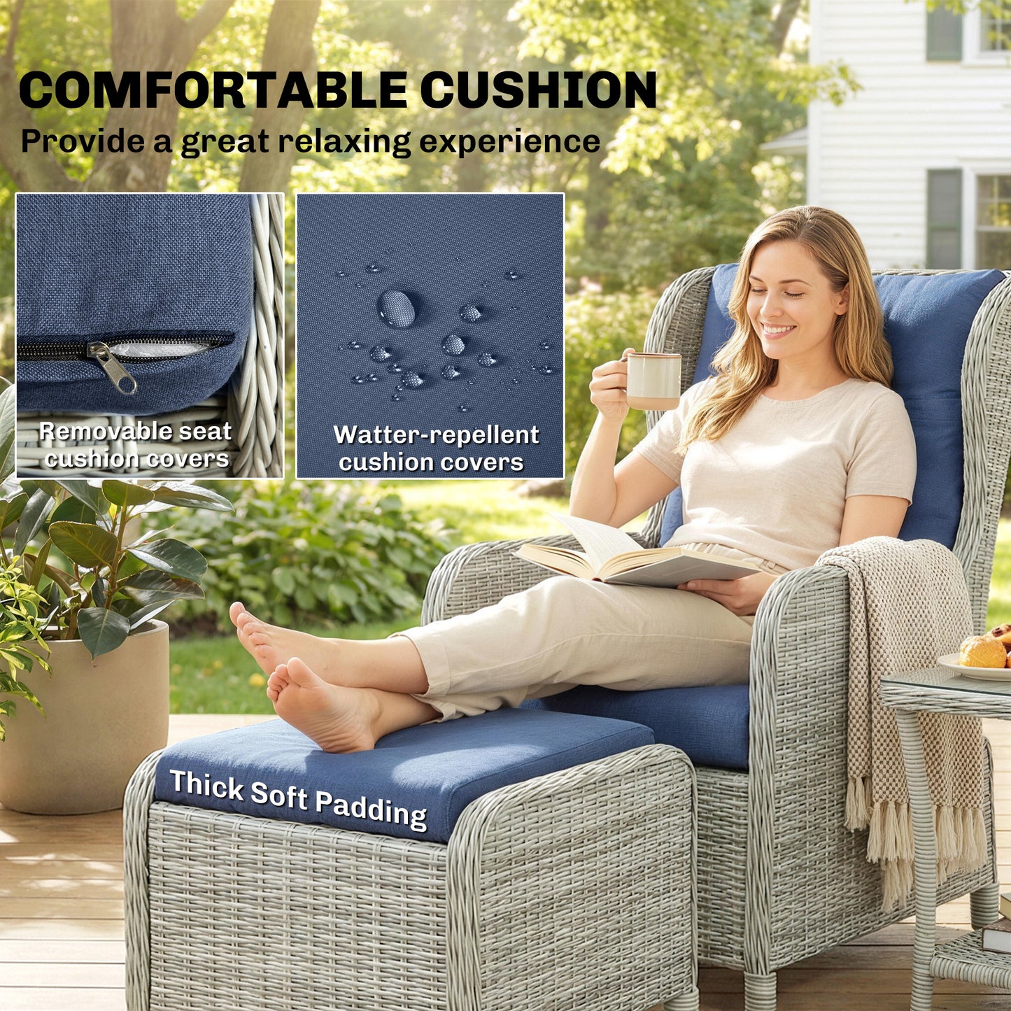 5 Piece Rattan Garden Furniture Set | 2 Reclining Chairs & 2 Footstools | Side Table | 90-135° Backrest | Aluminium Frame | Washable Cushions | 120kg | Dark Blue