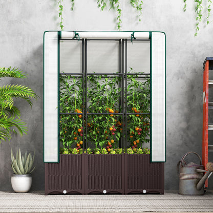 PP Raised Garden Bed with Trellis & PE Greenhouse Cover | Zipped Roll-Up Door | Drainage Holes & Plugs | 75kg | 120x40x140cm | Climbing Plants Veg & Flowers | Brown