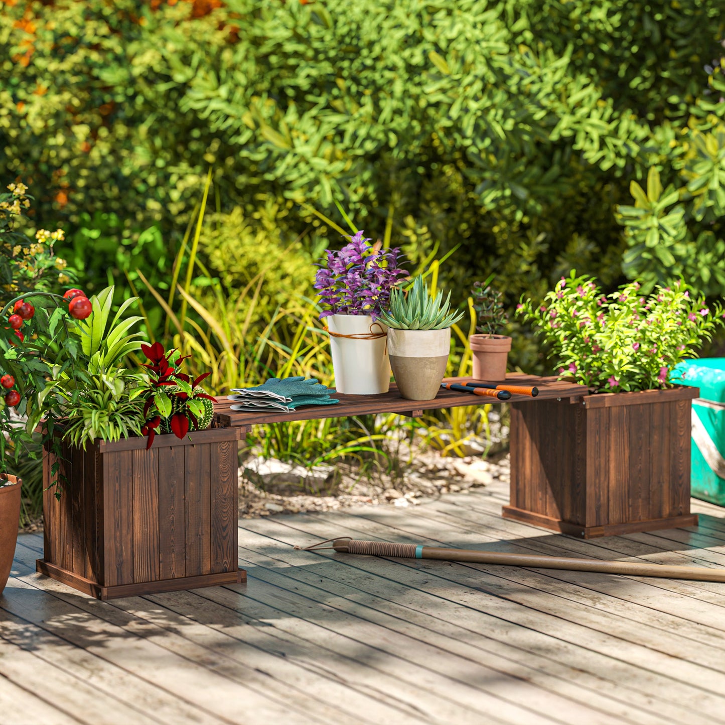 2-in-1 Wooden Garden Planter & Bench | Raised Beds Both Ends | Drainage Holes | Non-Woven Lining | 110kg Bench | 25kg Planters | Water-Based Varnish | 176x38x40cm | Carbonised Finish