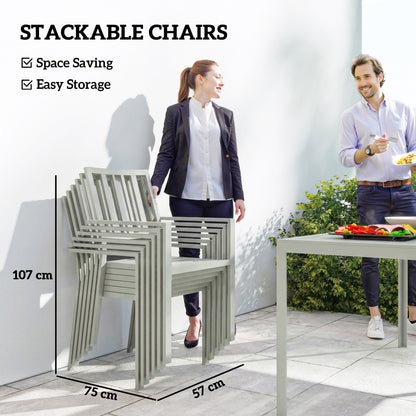 7-Piece Garden Dining Set | 152cm Table with Umbrella Hole | 6 Stackable Armchairs | Galvanised Steel | 120kg Per Chair | Seats 6 | 152 x 96.5 x 72cm | Light Grey