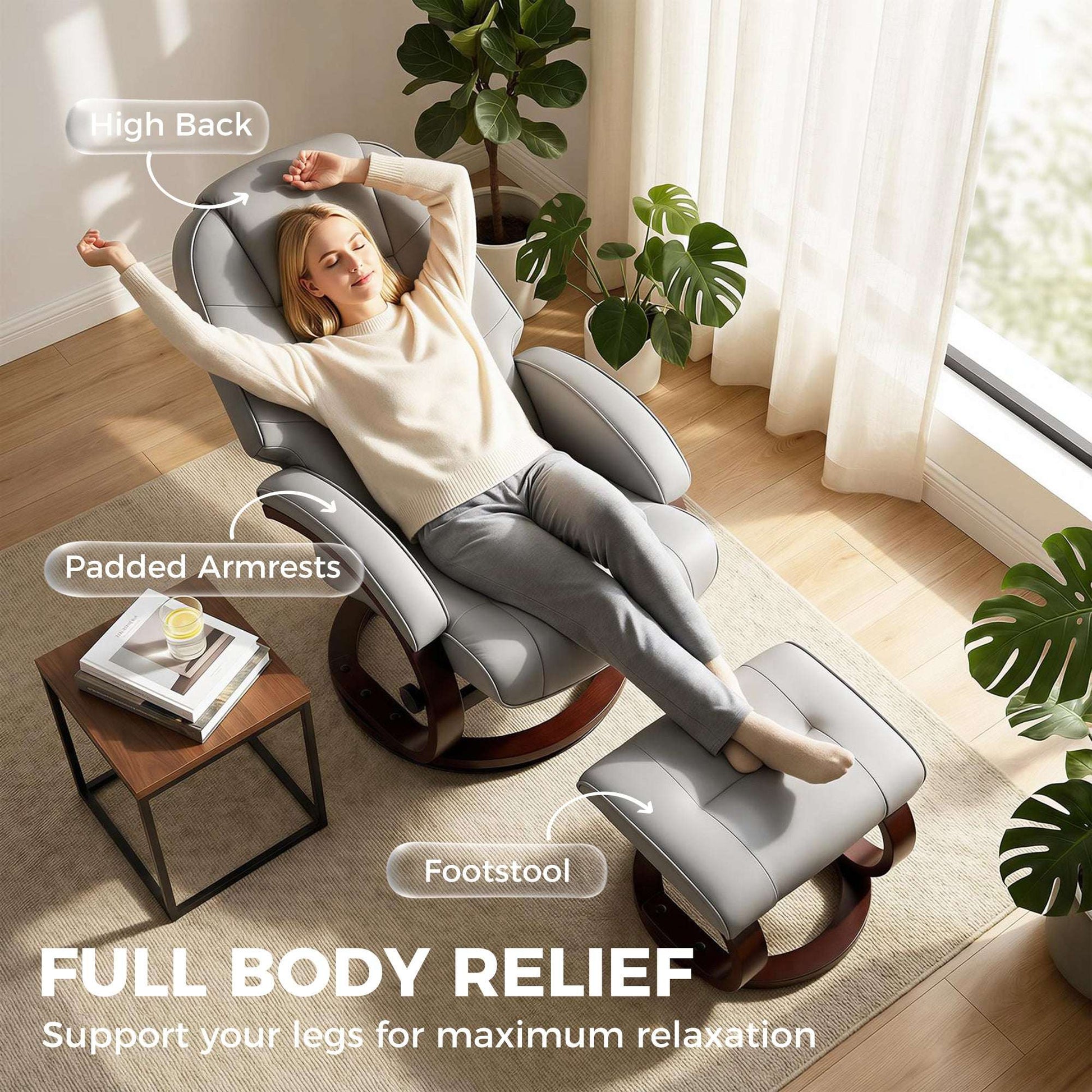 Swivel Recliner Chair & Footstool | PU Leather | 360° Swivel | 135° Recline | Bent Wood Frame | 120kg | Grey