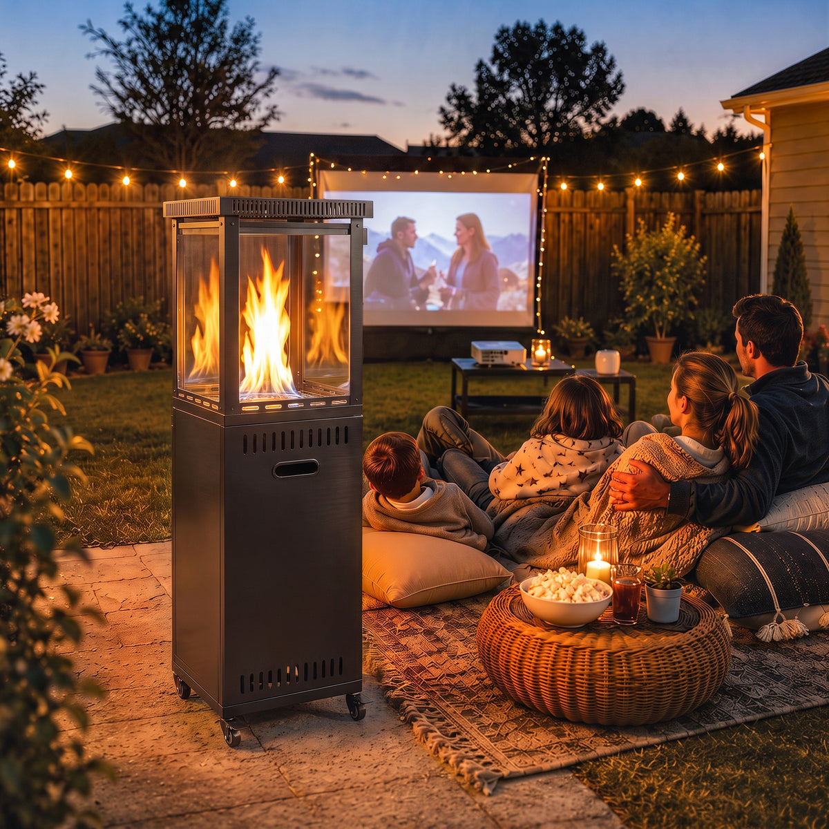 13kW Gas Patio Heater | Propane & Butane | Stepless Control | Piezo Ignition | Tempered Glass Wind Guard | 45° Tilt Shut-Off | Lava Rocks | 4 Wheels (2 Lockable) | 30m² | 46x46x137cm | Black