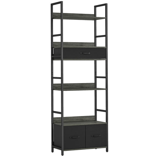 Industrial Bookcase, 6-Tier Tall Bookshelf with 3 Fabric Drawers - Grey