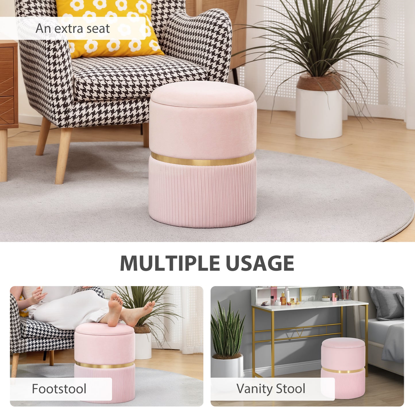 Velvet-Feel Storage Ottoman - Pink