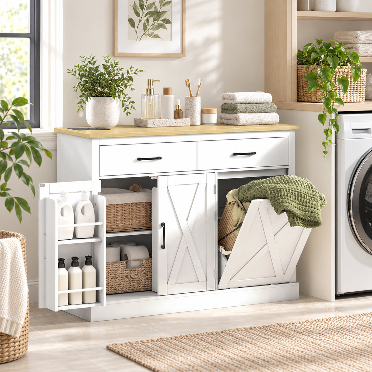 Tilt Out Trash Cabinet with Built-In Charging Station & Kitchen Island Storage | 57L Hidden Bin | 2 Drawers 2-Tier Cabinet 4 Door Racks | AC USB USB-C Ports | Farmhouse Style | White or Black | 112x40x83.5cm | Anti-Tip | Assembly Required