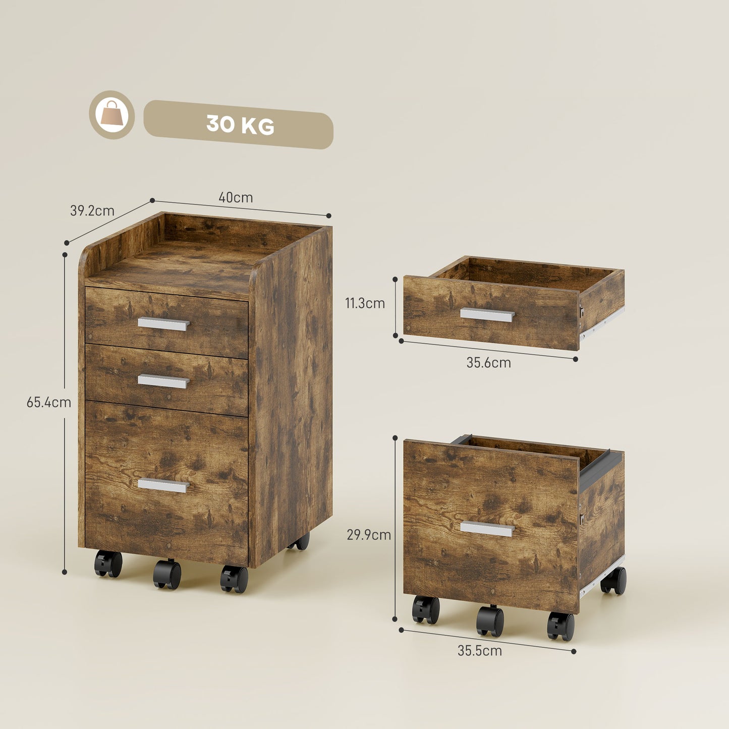 3 Drawer Filing Cabinet, Rolling File Cabinet with Edged Top for Letter, A4 Size, Hanging File Folders, Rustic Brown