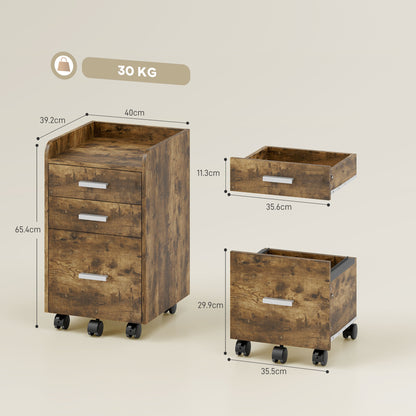 3 Drawer Filing Cabinet, Rolling File Cabinet with Edged Top for Letter, A4 Size, Hanging File Folders, Rustic Brown