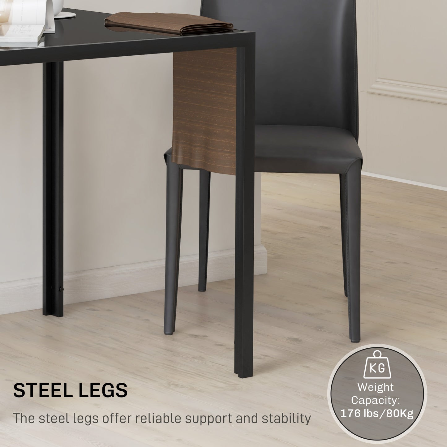 Square Dining Table | 75x75x75cm | 6mm Tempered Glass Top | Powder Coated Steel Legs | 2-4 People | 80kg | Black