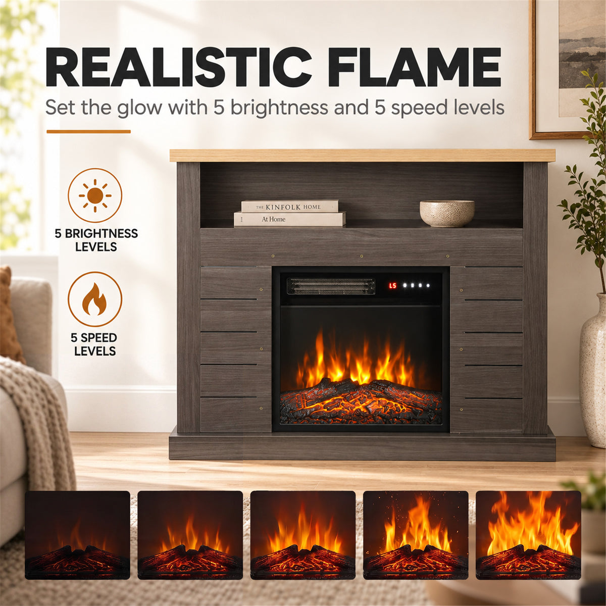 Electric Fireplace Suite | 1800W Fire & Charcoal Grey Surround | 96.5cm, Open Shelf & Wood-Effect Top | LED Flames, Remote & Timer