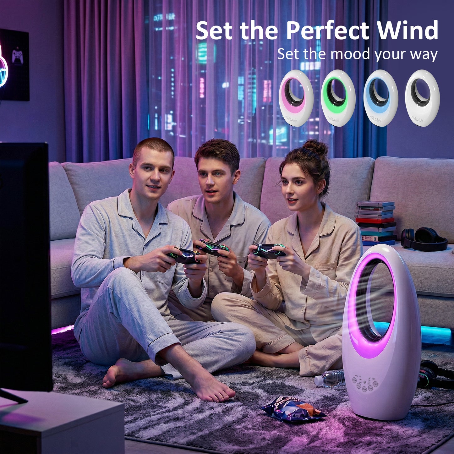 Bladeless Tower Fan | 36dB Quiet | 60° Oscillation | 4-Colour LED | 3 Speeds | 7.5hr Timer | Remote | White