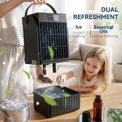 Portable Air Conditioner, 4-in-1 Mini Air Cooler with 4 Wind Speed, 2 Cool Mist, RGB 7 LED Light, Black / White