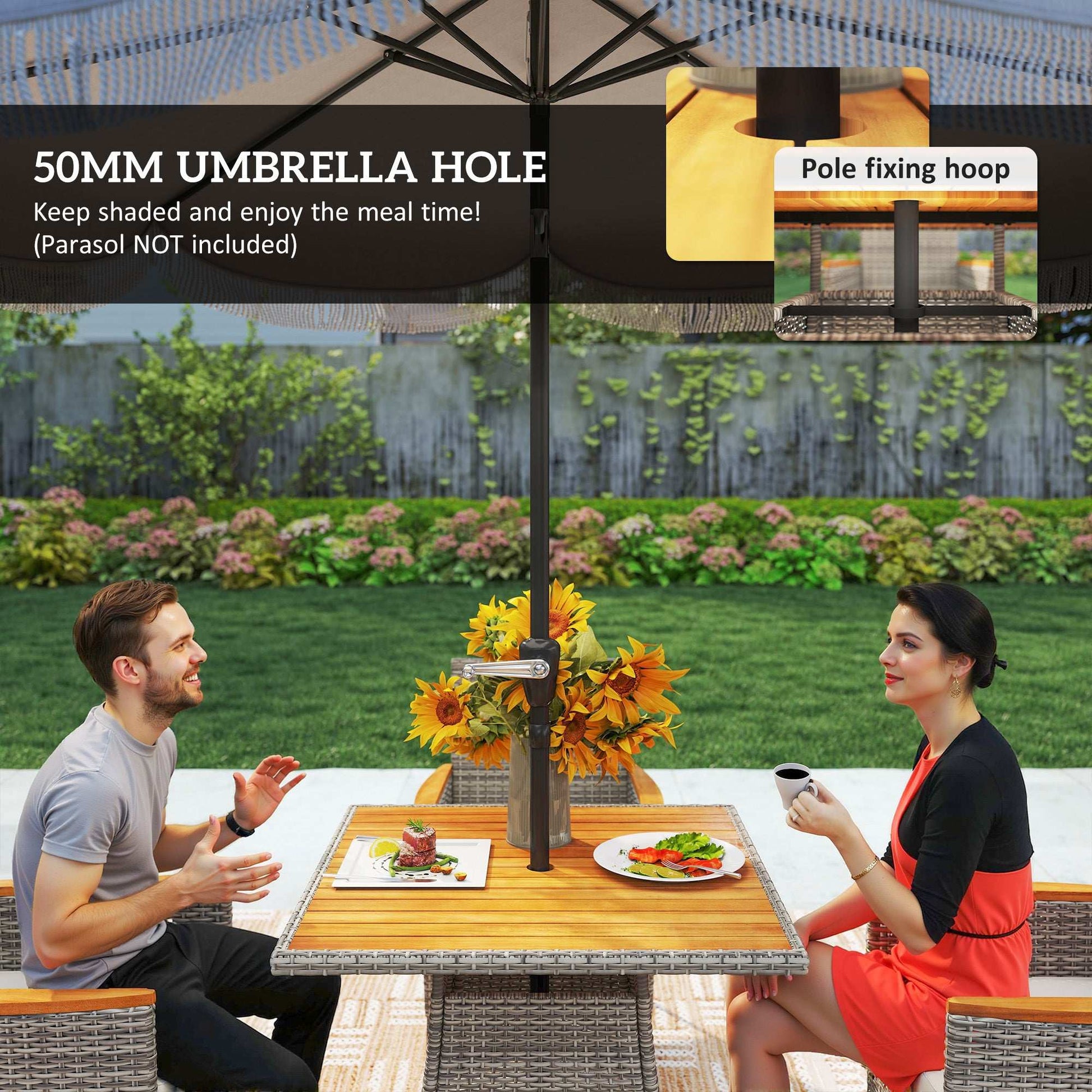 Outsunny Five-Piece Rattan Set, with Wood-Top Table - Teak / Grey