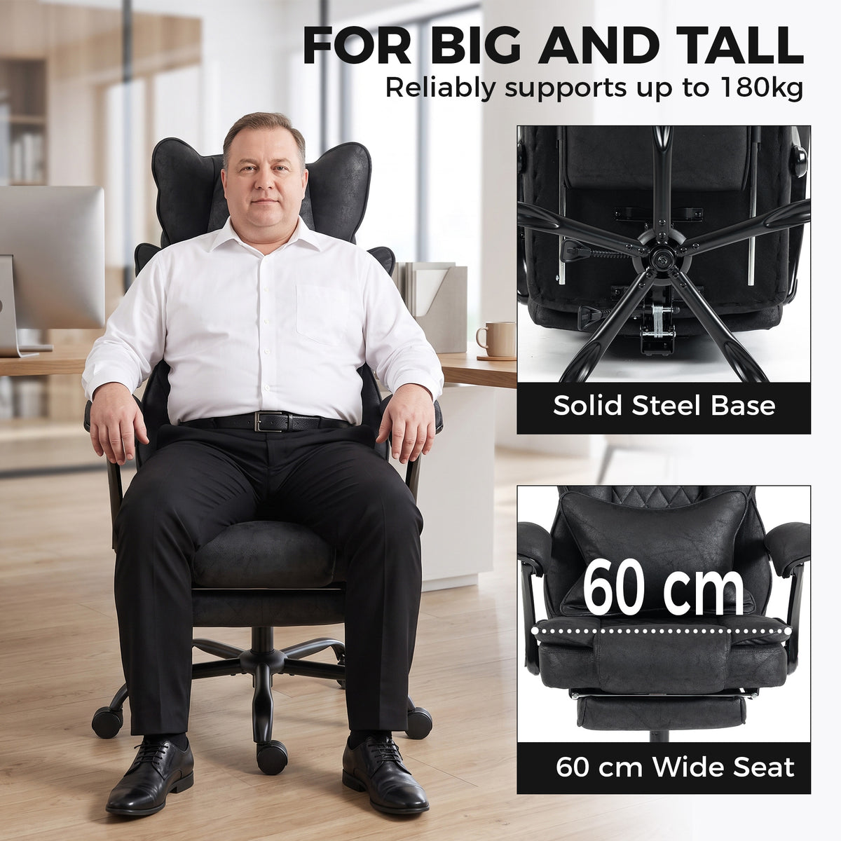 Executive Office Chair | Leathaire | 13cm Spring-Core Seat | 135° Recline & Pull-Out Footrest | Linkage Armrests | Lumbar Pillow | Adjustable Headrest | Fire-Retardant | 180kg | Up to 190cm | Black / Grey