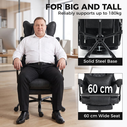 Executive Office Chair | Leathaire | 13cm Spring-Core Seat | 135° Recline & Pull-Out Footrest | Linkage Armrests | Lumbar Pillow | Adjustable Headrest | Fire-Retardant | 180kg | Up to 190cm | Black / Grey
