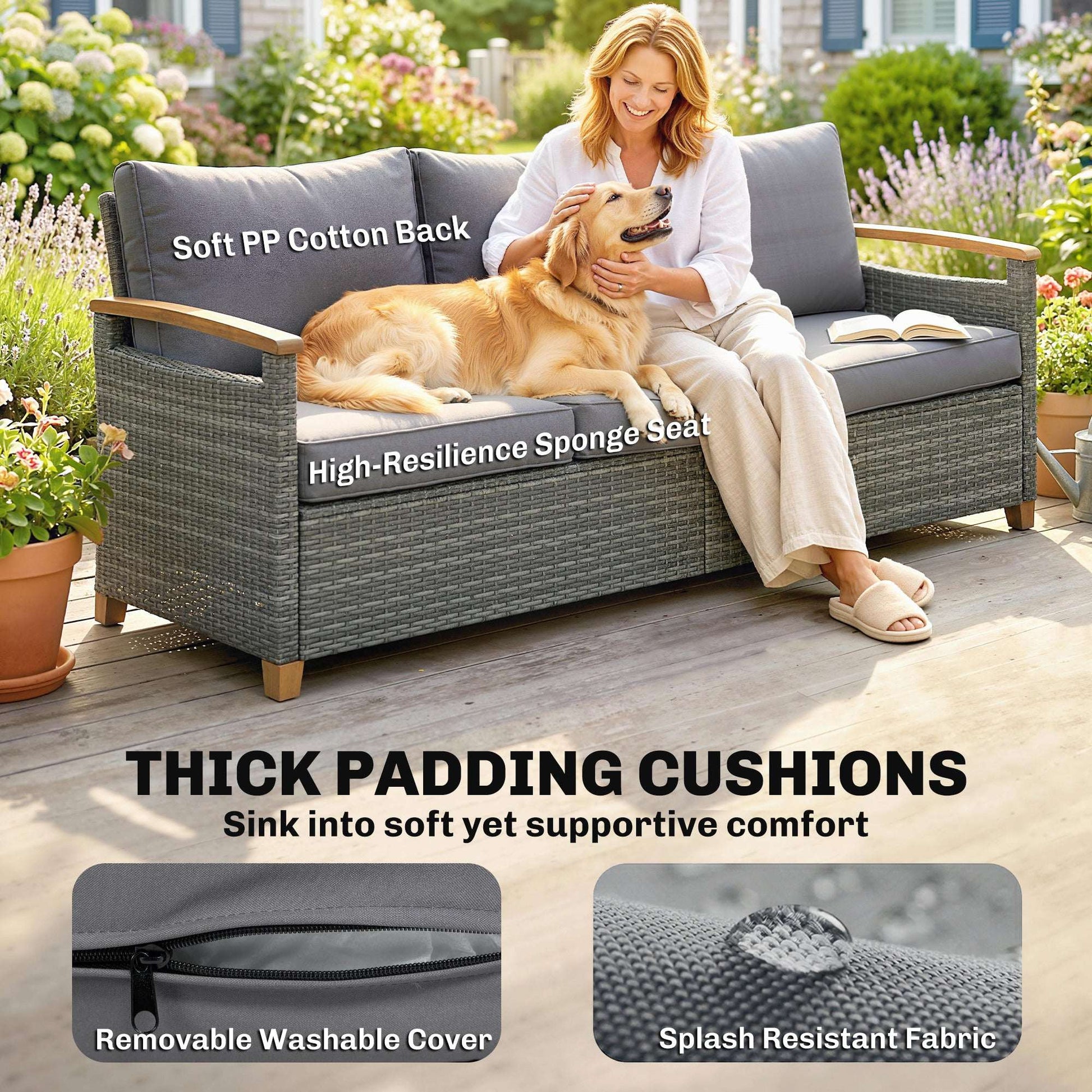 3-Seater Rattan Garden Sofa | PE Wicker | 10cm Seat Cushions | Washable Covers | Wood-Effect Arms | 360kg | All-Weather | Dark Grey