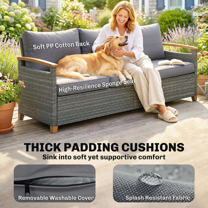 3-Seater Rattan Garden Sofa | PE Wicker | 10cm Seat Cushions | Washable Covers | Wood-Effect Arms | 360kg | All-Weather | Dark Grey