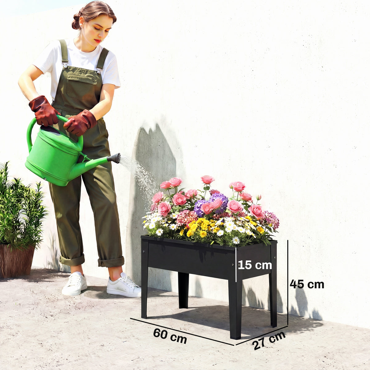 Raised Metal Planter on Legs | 20L Capacity | Drainage Hole | Polished Edges | Rubber Foot Covers | Balcony & Patio | 60x27x45cm | Black