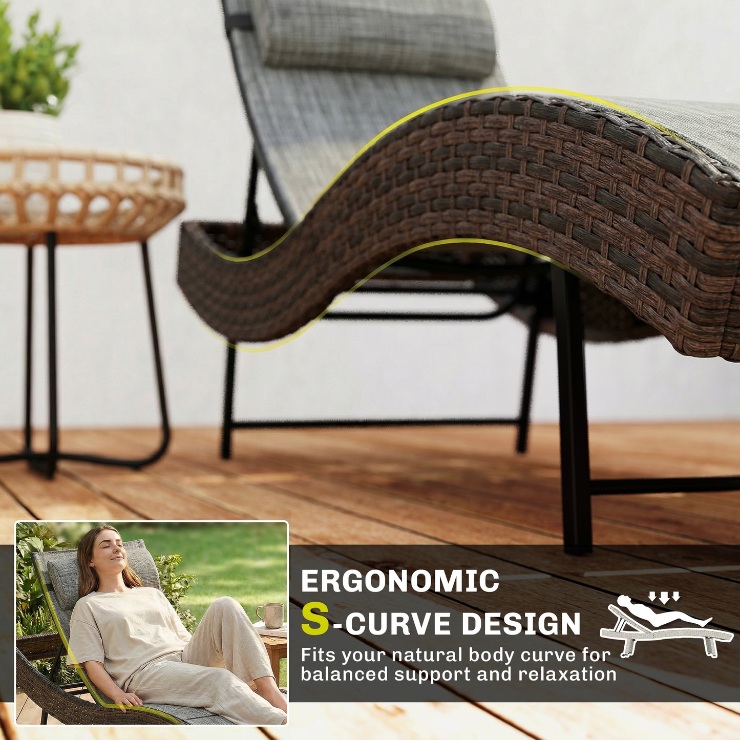 Rattan Sun Lounger | S-Curve Ergonomic Texteline Seat | 5 Position Adjustable Backrest | Headrest | All-Weather PE Rattan | Powder-Coated Frame | 198x60x44cm | 120kg | Brown
