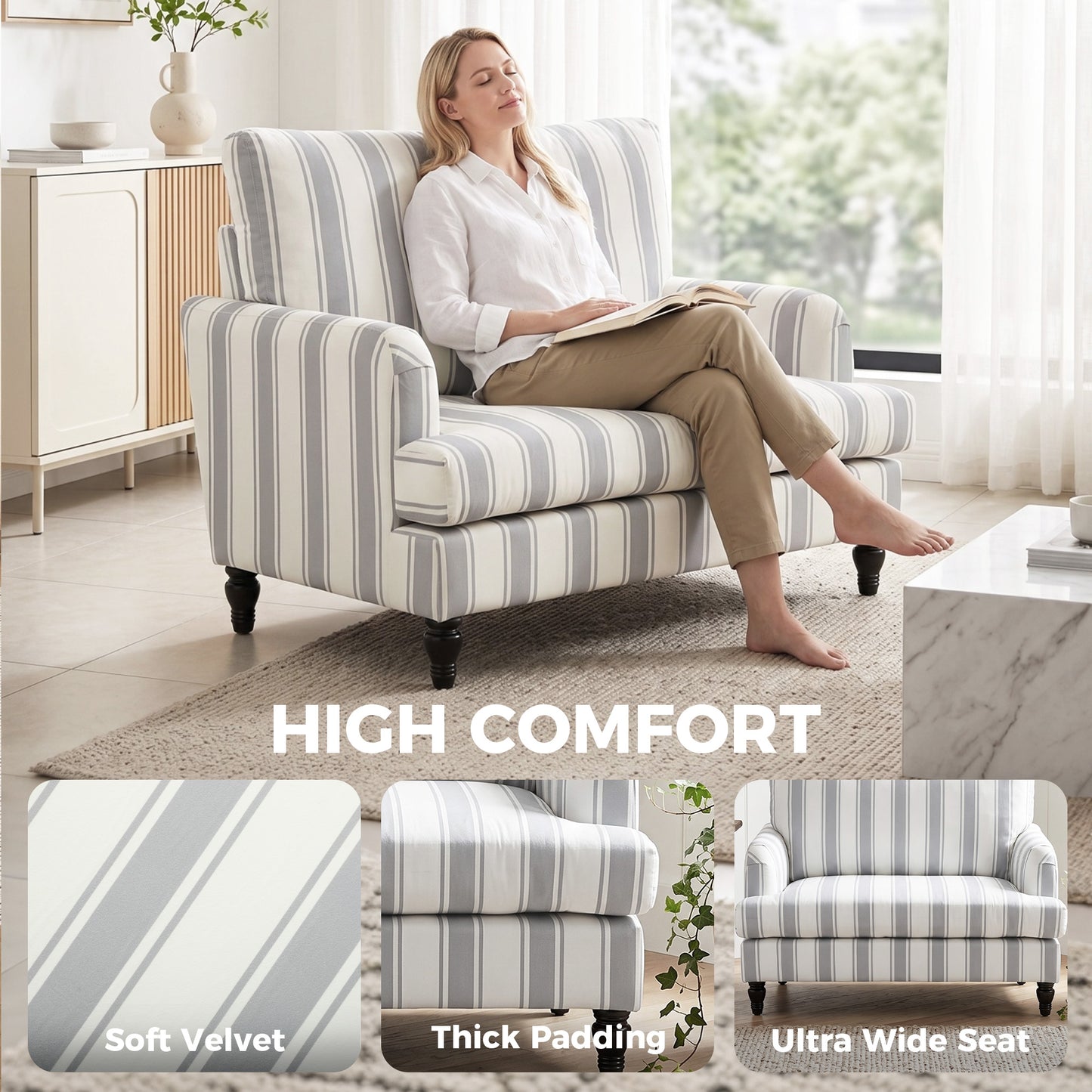 Velvet Accent Armchair | Stripe Design | Turned Rubberwood Legs | 12cm Seat Cushion | 24cm Back Cushion | Wide 90cm Seat | 120kg | 115x82x82cm | Grey & Black