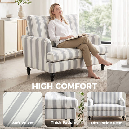 Velvet Accent Armchair | Stripe Design | Turned Rubberwood Legs | 12cm Seat Cushion | 24cm Back Cushion | Wide 90cm Seat | 120kg | 115x82x82cm | Grey & Black