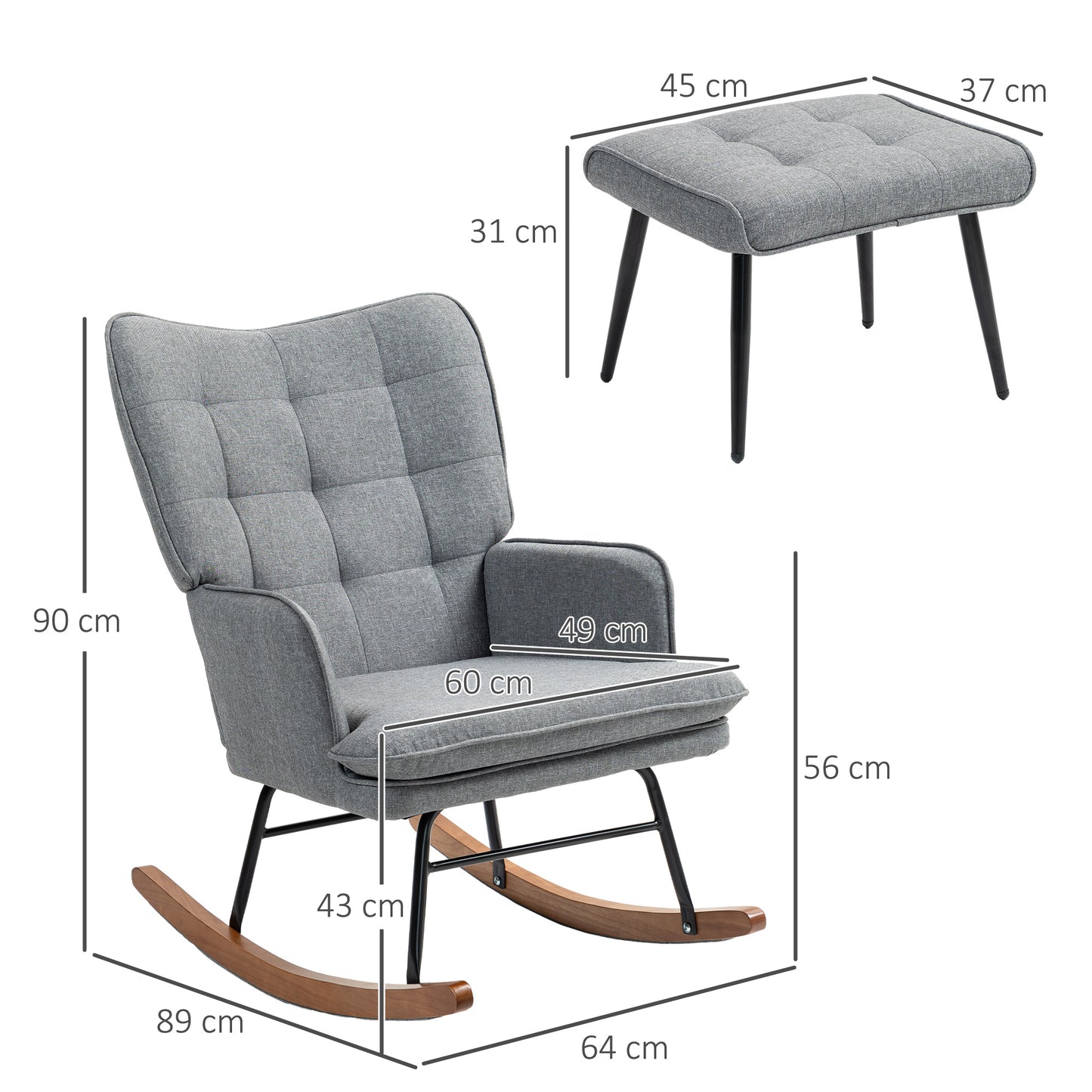 Retro Vintage Style Linen-Look Rocking Chair And Ottoman Set - Grey