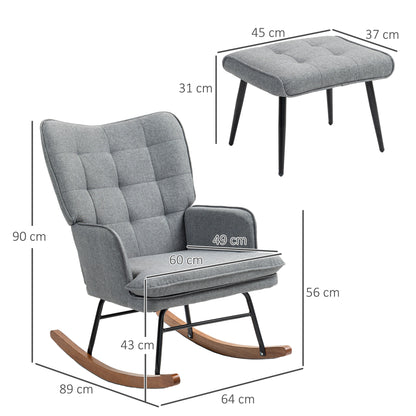 Retro Vintage Style Linen-Look Rocking Chair And Ottoman Set - Grey