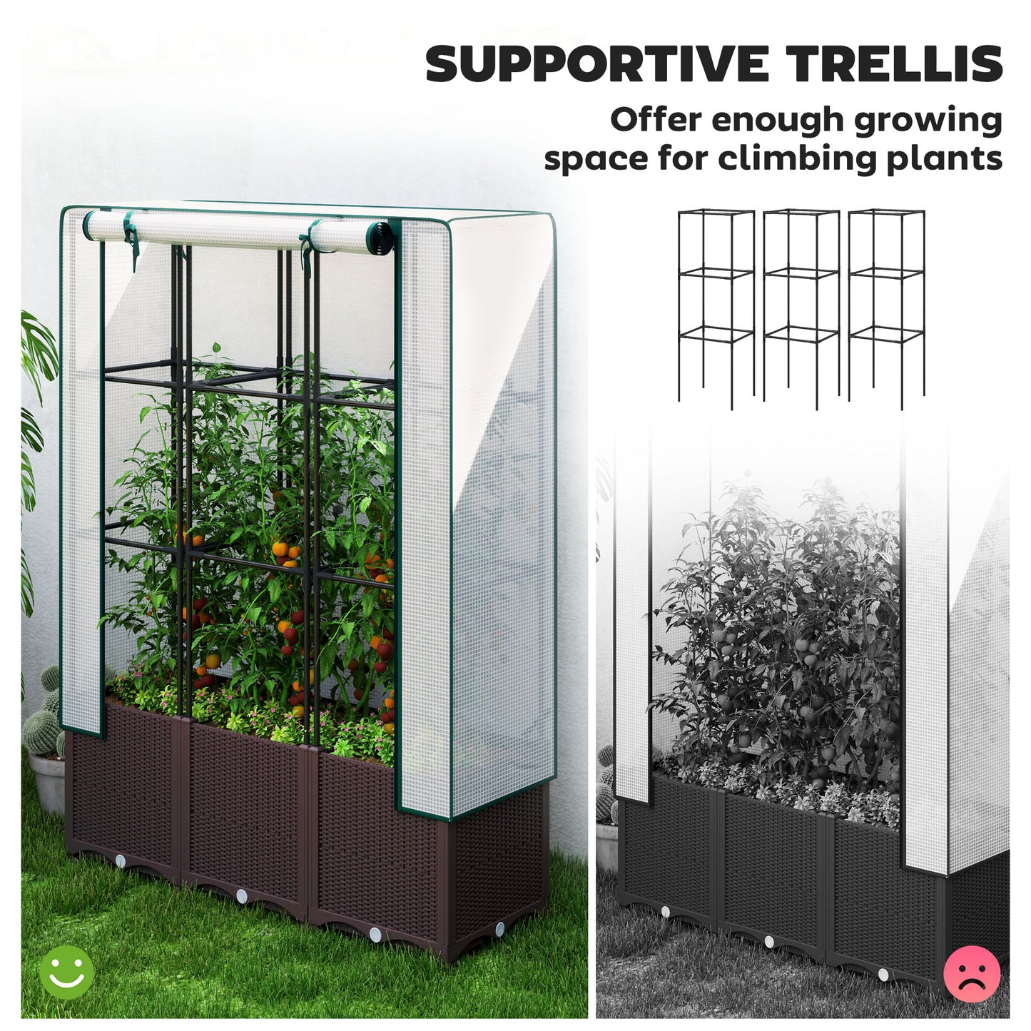 PP Raised Garden Bed with Trellis & PE Greenhouse Cover | Zipped Roll-Up Door | Drainage Holes & Plugs | 75kg | 120x40x140cm | Climbing Plants Veg & Flowers | Brown