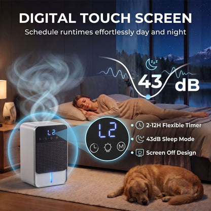 400ml/Day Small Dehumidifier | 7-Colour RGB Mood Light | 43dB Sleep Mode | 1.2L Tank | 2–12H Timer | LED Touch Panel | Auto Shut-Off & Defrost | 15m² | ABS | 15x13.4x24.2cm | White