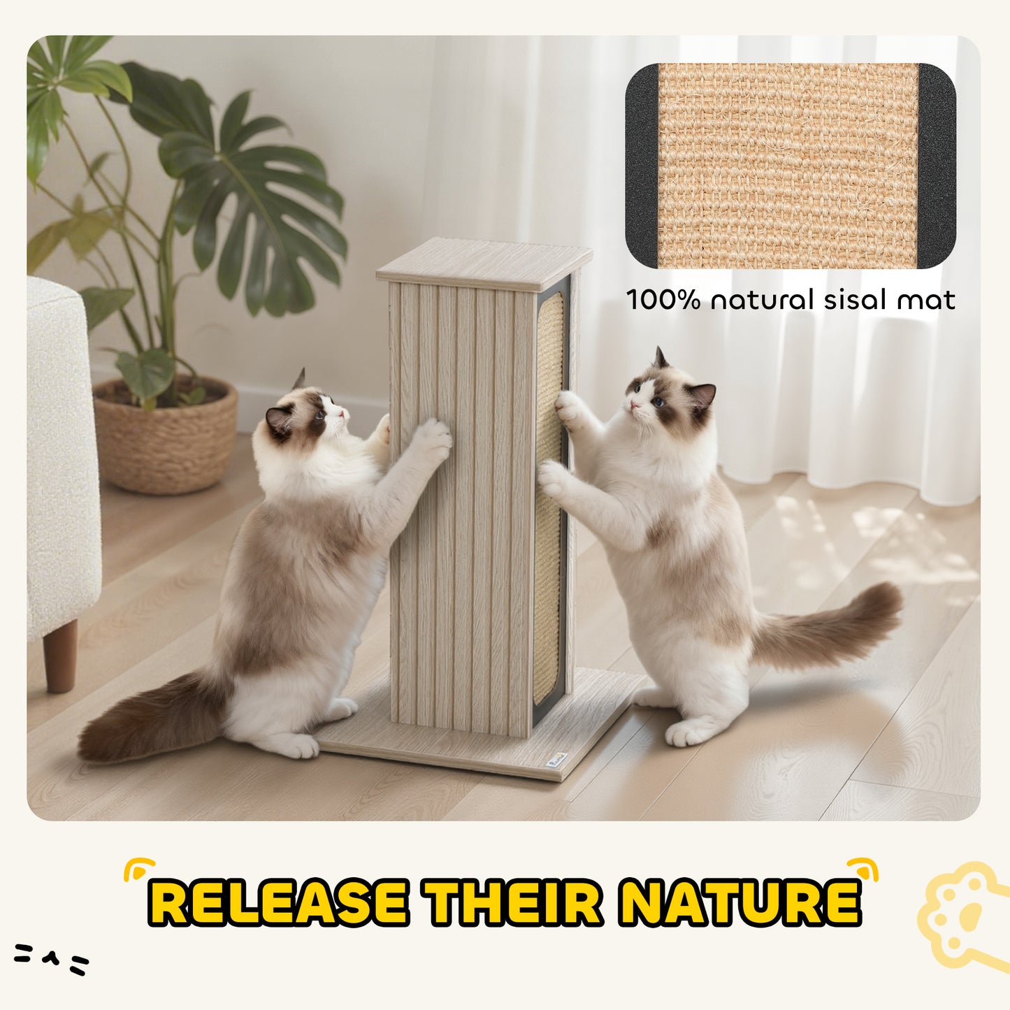 PawHut 63cm Cat Scratching Post, Cat Scratcher with Replaceable Scratching Board, Top Perch, Sisal Scratch Mat, Oak