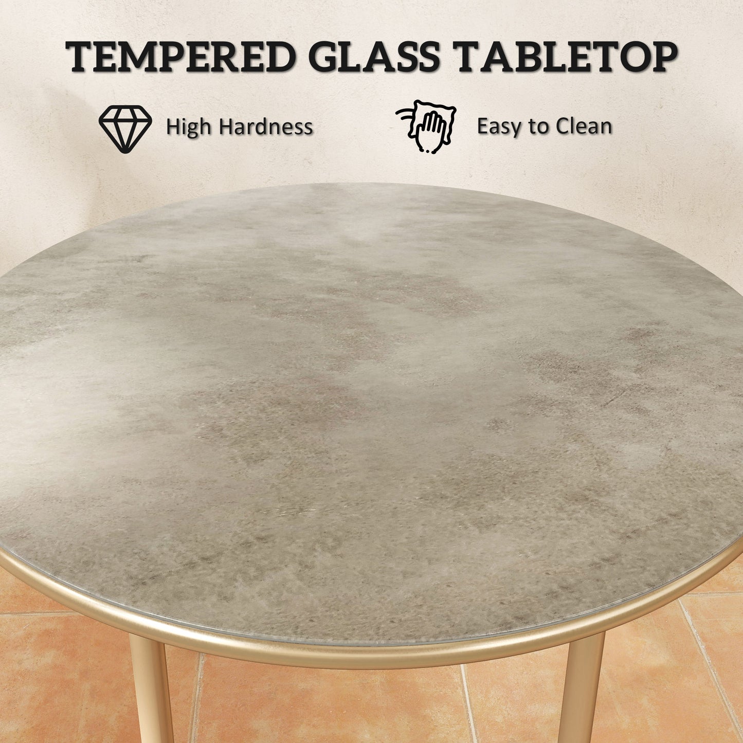Outsunny Round Small Garden Table, 60cm Outdoor Side Table with Faux Marble Tempered Glass Top, Steel Frame for Garden Patio Balcony, Beige