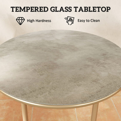 Outsunny Round Small Garden Table, 60cm Outdoor Side Table with Faux Marble Tempered Glass Top, Steel Frame for Garden Patio Balcony, Beige
