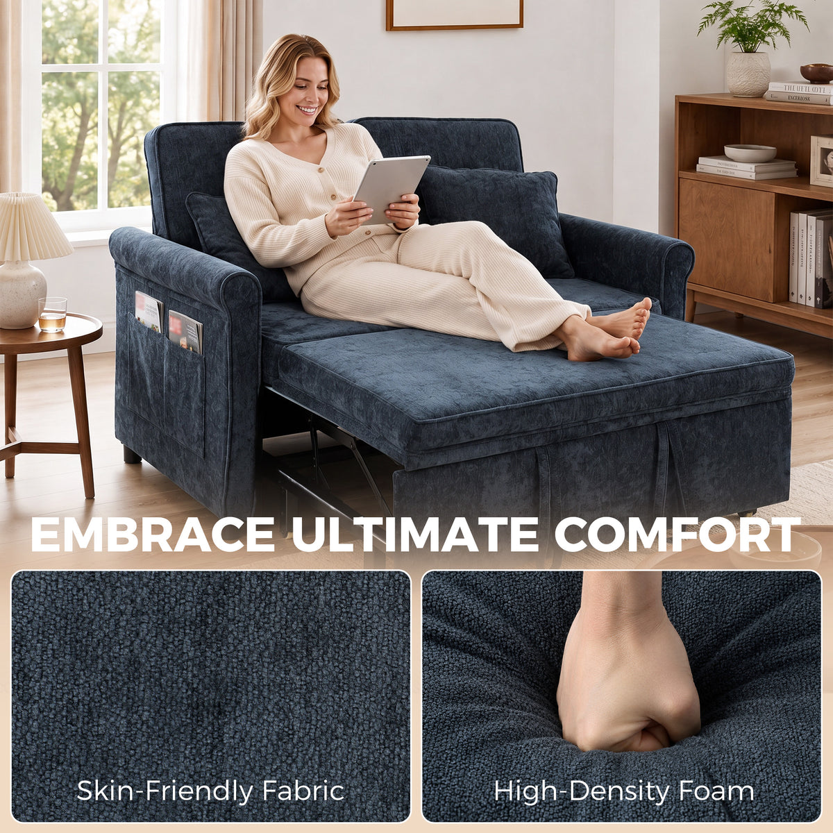 2 Seater Sofa Bed | Dark Blue Chenille Convertible Sleeper with 5-Position Backrest