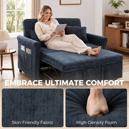 2 Seater Sofa Bed | Dark Blue Chenille Convertible Sleeper with 5-Position Backrest