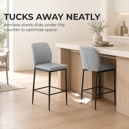 Set of 2 Velvet Bar Stools | Grey | 41x52x97cm | 64cm Seat Height | Curved Backrest | Footrest | Powder-Coated Steel | Armless | Counter Height 89–99cm | 120kg | Kitchen Island Dining