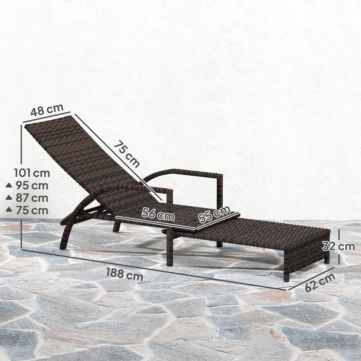 Outsunny PE Rattan Sun Lounger with Adjustable Backrest - Mixed-brown